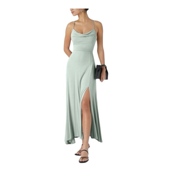 HALARA Ribbed Cowl Neck Lace Up Midi Dress Size XL Fairest Jade Green Side Slit - Picture 1 of 11